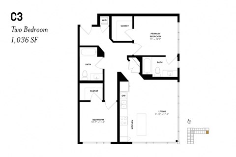 Floor plan for 2 beds, 2 baths, 1056 sqft